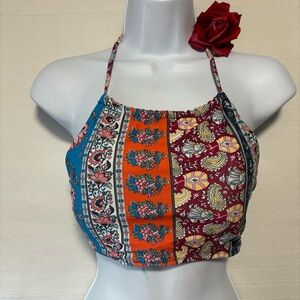 Reversible halter swim top with removable pads BoHo patchwork ties neck & back